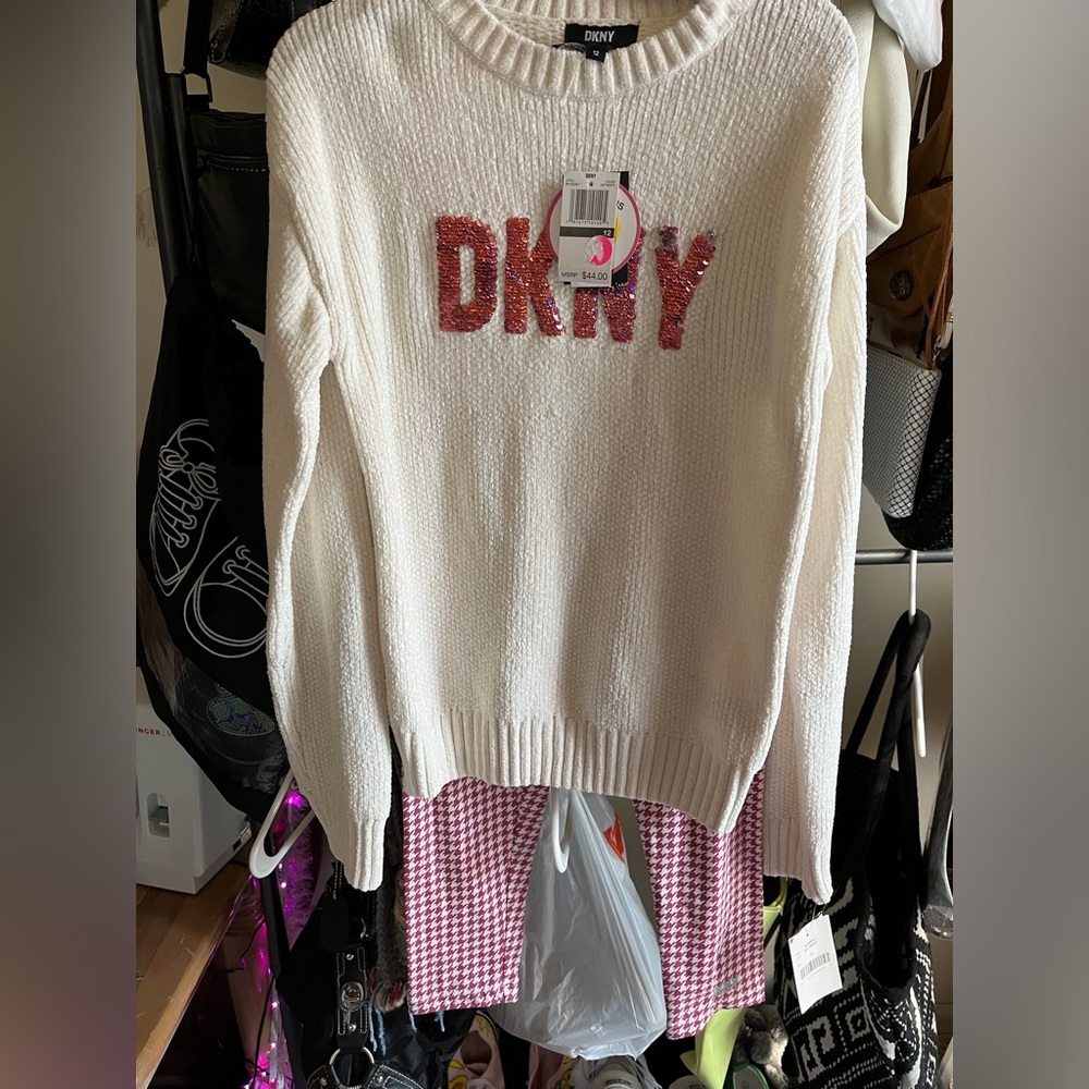 New DKNY Pink Sequin Logo Knit
